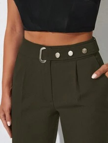 SHEIN Cottnline 女士皮帶直筒褲 - 卡其色 - 查看 5