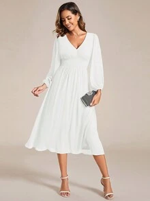 EVERPRETTY Elegantes Kurzes Brautkleid Mit V-ausschnitt Und Laternenärmeln - Weiss - Übersicht 4
