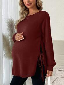 SHEIN 孕婦側扣斜肩毛衣 - 酒紅色 - 查看 4