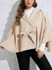 SHEIN Privé 大尺碼披風風格羊毛外套,採用前綁帶設計 - 卡其色 - 查看 4