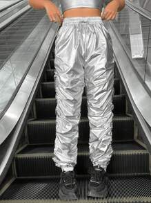 SHEIN Coolane Silver Pleated Drawstring Cuffed Pants - Silver - View 1