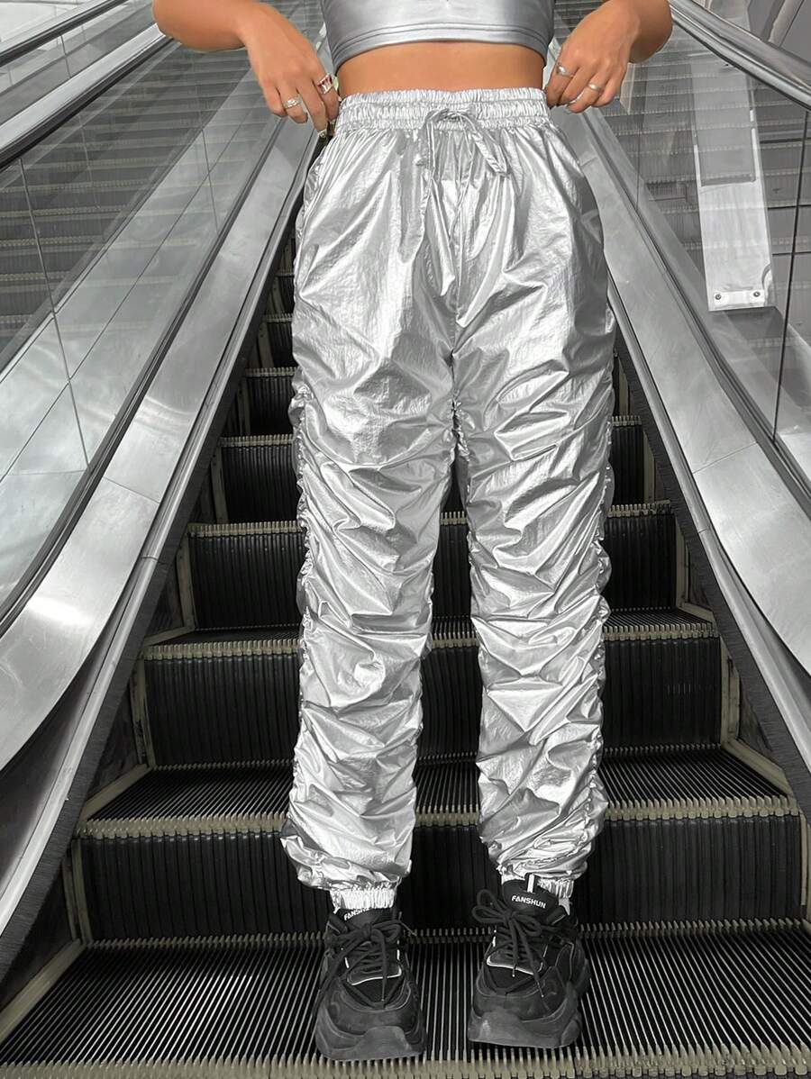 SHEIN Coolane Silver Pleated Drawstring Cuffed Pants - Silver - View 1