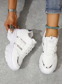 Women's Round Toe Lace-up Color Block White Sneakers With Campus Style Wedge Heel And Thick Sole