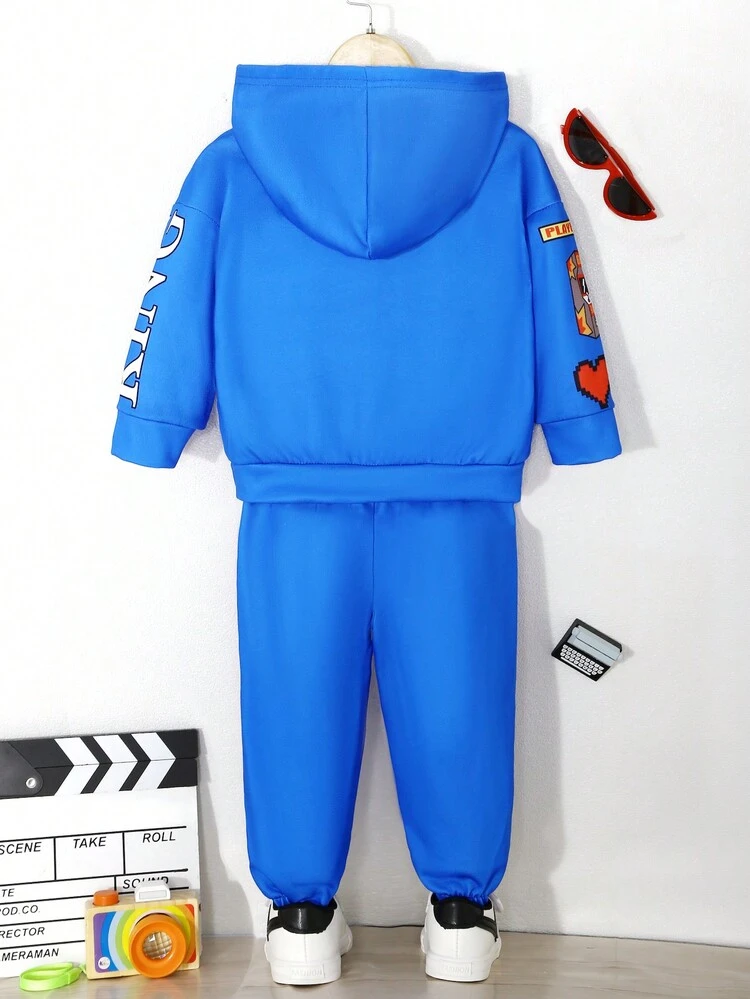 Fashionable Baby Boys' Hooded Zipper Top & Elastic Waist Long Pants Set With Letter & Mushroom Print For Street Style