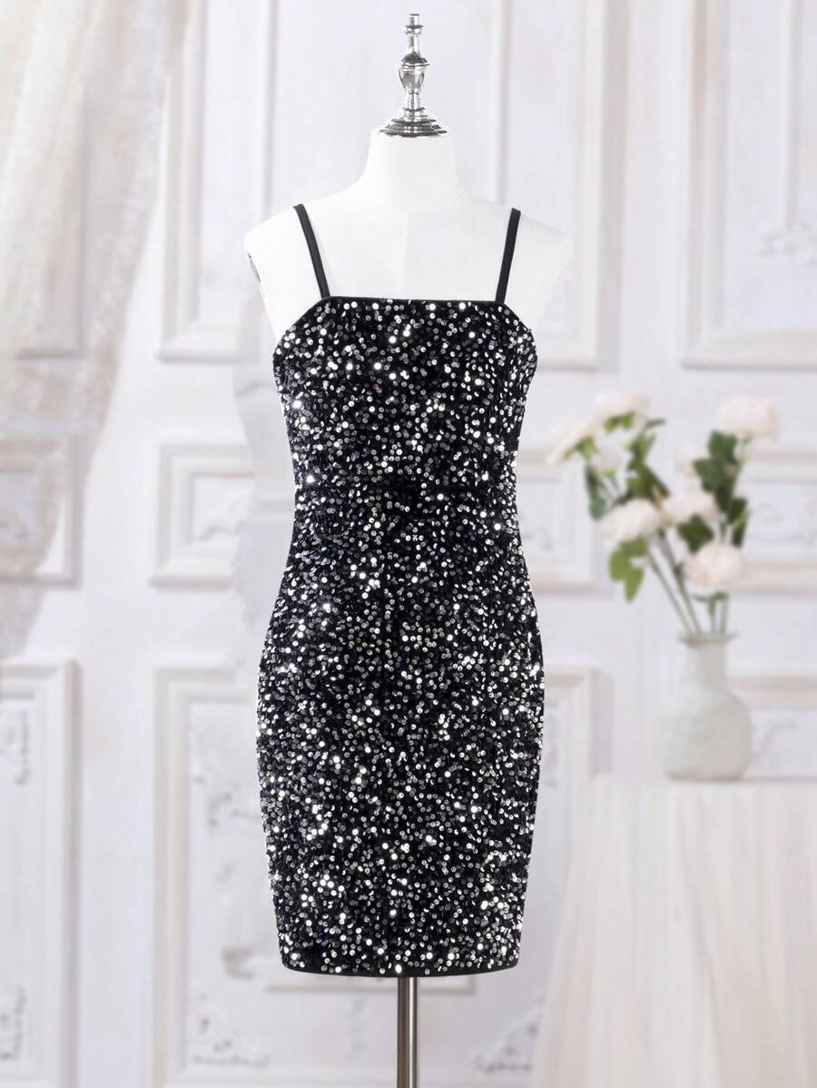 SHEIN Tween Girls 魅力亮片紧身派对连衣裙，适合生日派对、晚会、表演、婚礼