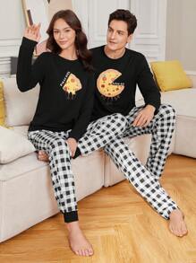 男士比薩印花t恤和格紋長褲家居服套裝 - 彩色 - 查看 1