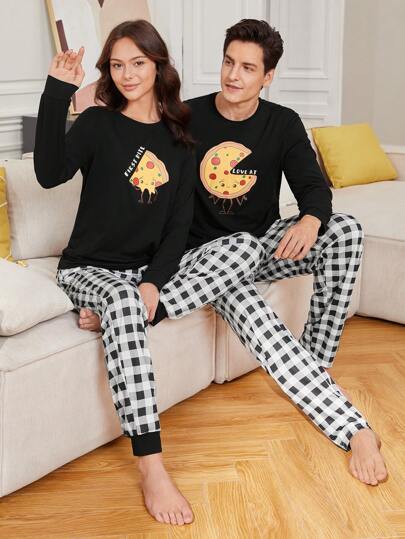 男士比薩印花t恤和格紋長褲家居服套裝