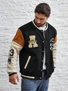 Manfinity Homme 男式大码彩色块字母刺绣植绒纽扣夹克 - 彩色 - 查看 3