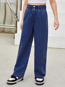 少女基本款休閒中藍色洗水輕質丹寧褲,寬腿高腰設計 - 深色水洗藍 - 查看 4