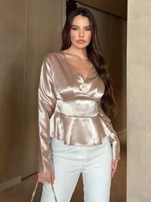 SHEIN Privé Surplice Neck Peplum Blouse - Apricot - View 3