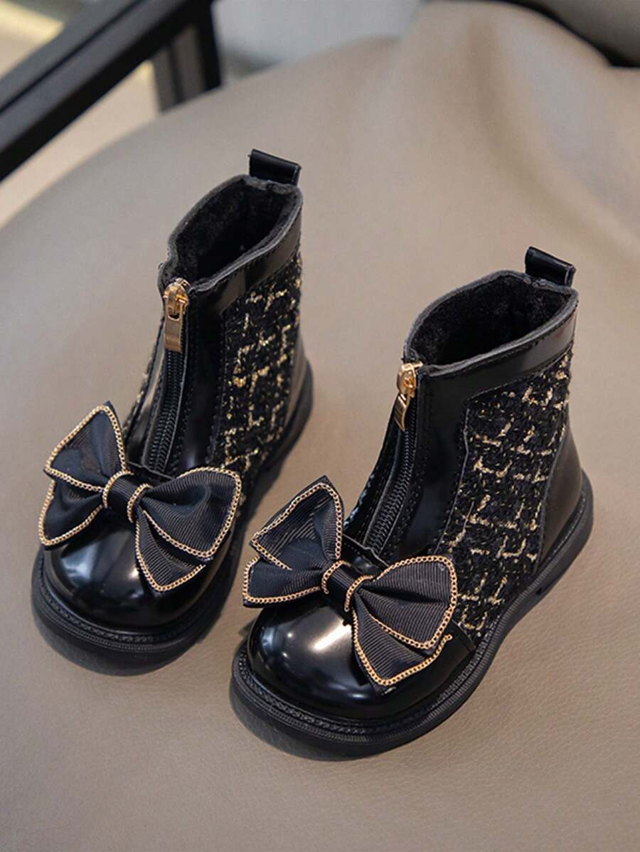 孩子們靴子適合女孩帶蝴蝶結,金色鏈條和拉鍊裝飾用品 - 黑色 - 查看 1
