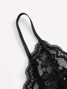 Classic Sexy Contrast Lace High Side Slit Sexy Lingerie Dress With Thong - Black - View 3