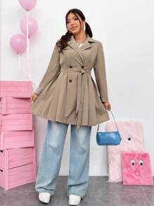 SHEIN MOD Plus Double Breasted Pleated Hem Belted Coat - Khaki - View 4