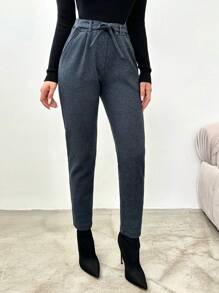 SHEIN Cottnline Ladies' Check Design Tie Waist Long Pants - Black - View 1