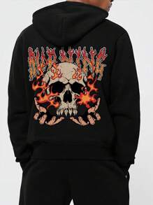 Men's Skull & Letter Printed Fleece Hoodie - Black - View 1