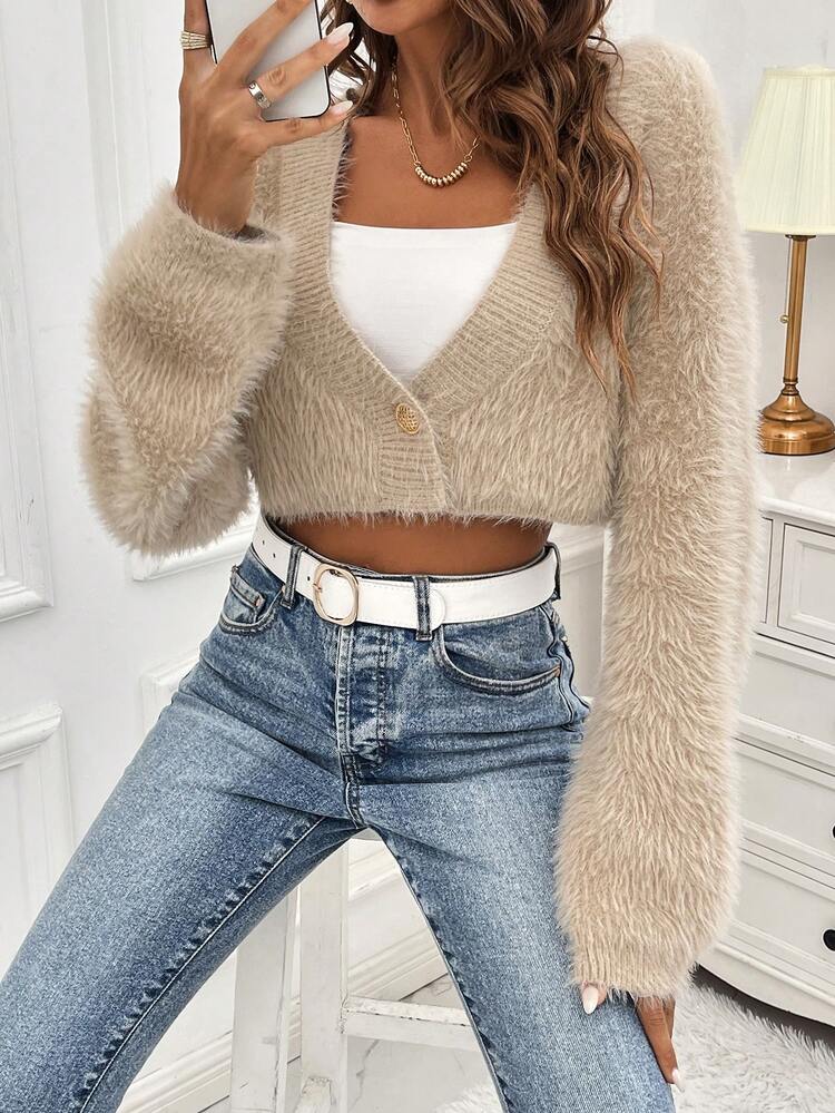 SHEIN LUNE Nút đơn Mùa vụ 	
Fuzzy Áo len Mở - Màu be - Xem 5