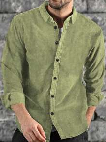 Men's Minimalist Formal Corduroy Long Sleeve Button-Up Shirt, Suitable For All Seasons - Army Green - View 1