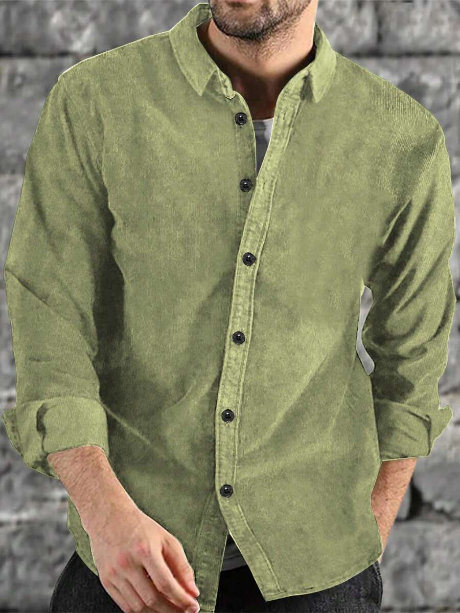 Men's Minimalist Formal Corduroy Long Sleeve Button-Up Shirt, Suitable For All Seasons - Army Green - View 1