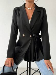 SHEIN Privé 不對稱西裝領側系帶西裝外套 - 黑色 - 查看 7