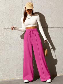 SHEIN EZwear Women's Drawstring Waist Loose Wide Leg Palazzo Pants Graduation,Back To School Outfits,Graduation,Teacher Outfits For Women,Back To School - Hot Pink - View 5