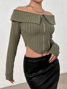 SHEIN Unity Off Shoulder Front Zipper Cropped T-shirt - Army Green - View 6