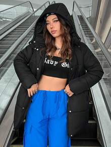 SHEIN EZwear 纯色连帽保暖棉服，腰部有抽绳 - 黑色 - 查看 4