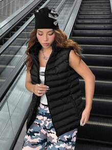 SHEIN Muchic Chaleco guateado con capucha - Negro - Ver 3