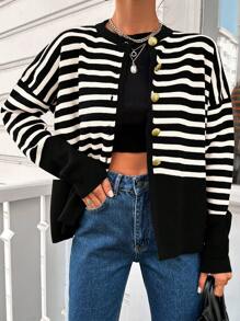 RueChic Của phụ nữ Sọc Áo len Mở Áo len - Đen và trắng - Xem 4
