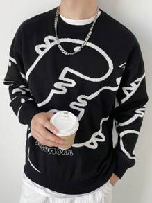 Claim Dot Men Dinosaur Pattern Drop Shoulder Sweater - Black and White - View 1