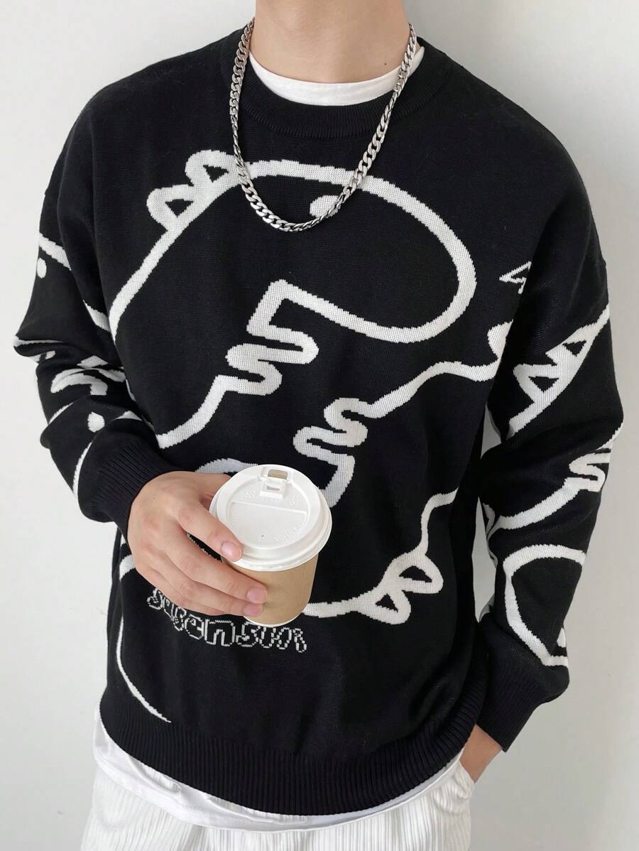Claim Dot Men Dinosaur Pattern Drop Shoulder Sweater - Black and White - View 1