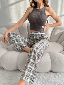 SHEIN Ladies' Pitted Stripe Design Sleepwear Set Pajama Set - Dark Grey - View 3