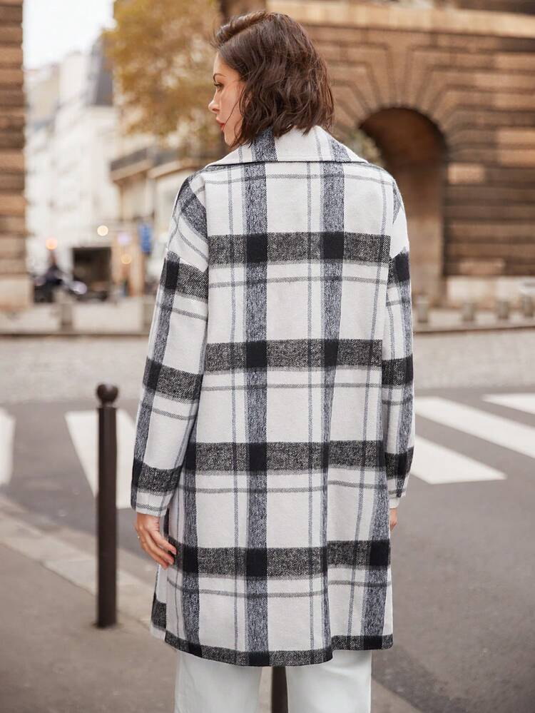 Drop Shoulder Double Button Plaid Overcoat
