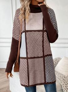 SHEIN LUNE Women's Plaid Hem Slit Knit Pullover Fall Winter Sweater - Multicolor - View 3