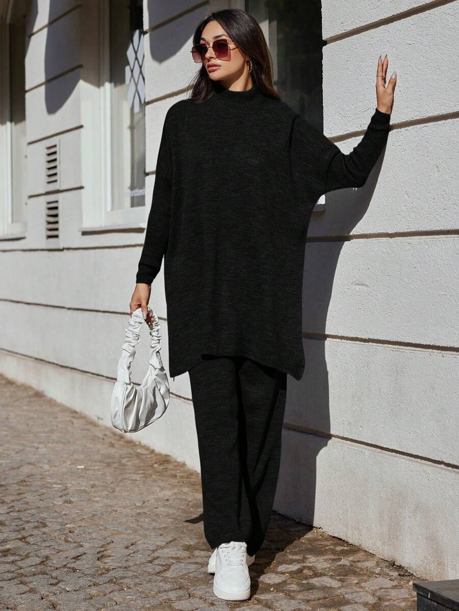 SHEIN Cottnline Women's Solid Color Sweater And Trousers Two Piece Set - Black - View 1