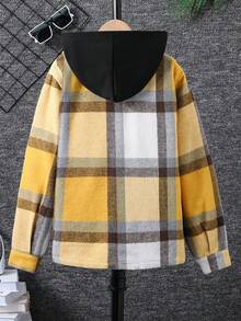 SHEIN 男孩休閒連帽格紋襯衫,多用途風格適用於日常穿著和校園風格 - 黃色 - 查看 2