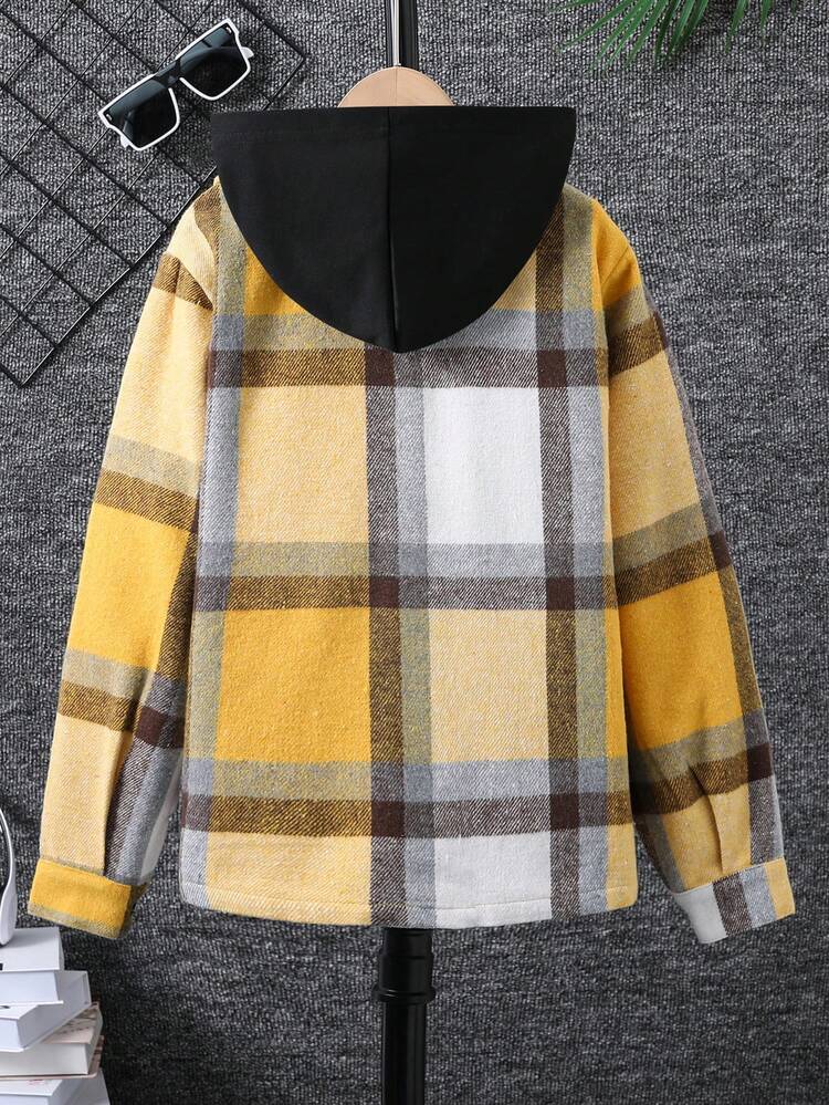 SHEIN Con trai Giải trí áo có mũ Kẻ sọc Áo sơ mi , Linh hoạt Phong cách Đối với Mặc hàng ngày Và Khuôn viên đại học Phong cách - Màu vàng - Xem 2