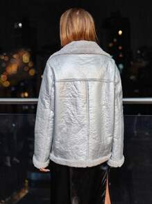 Aveloria 絨布teddy大翻領長袖女式外套 - 銀色 - 查看 2