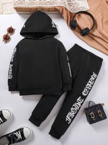 SHEIN Cô Gái Trẻ Đồ họa Chữ cái Áo Hoodie & Quần thể thao - màu đen - Xem 1