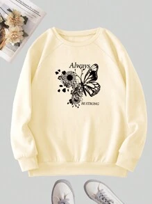 蝴蝶和字母印花女士運動衫,2023冬季個性化休閒圓領運動衫 - 杏色 - 查看 1