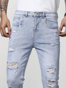 Manfinity Homme Hombres Jeans ajustados desgarro algodón - Lavado ligero - Ver 6