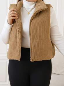 SHEIN EZwear 大码拉链灯芯绒背心夹棉大衣 - 棕色 - 查看 5