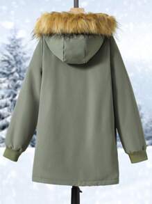 SHEIN Tween Girls Patchwork Furry Hooded Padded Coat - Green - View 2