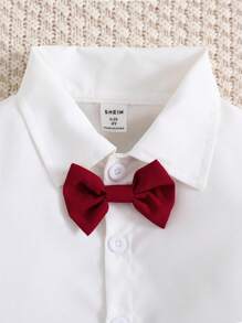 Conjunto De Niño Pequeño Con Camisa Blanca Sencilla Y Pantalones Rojos Con Tirantes, Atuendo De Caballero - Multicolor - Ver 5