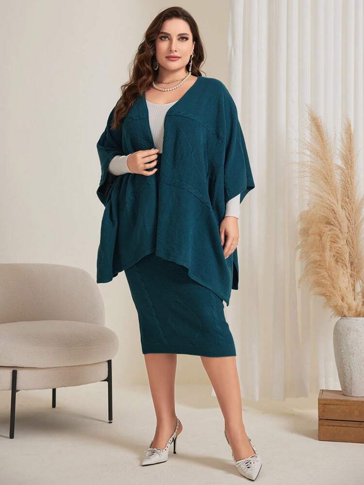 Plus Size Women's Batwing Sleeve Cardigan And Sweater Skirt Set 2 Piece Set