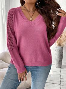 SHEIN Franclia Hơn Tay Raglan Dệt kim chấm bi Áo len - Đỏ - Xem 6