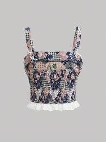 SHEIN MOD Vá lại In hoa Trang trí ren Cami ngọn - Nhiều màu - Xem 5