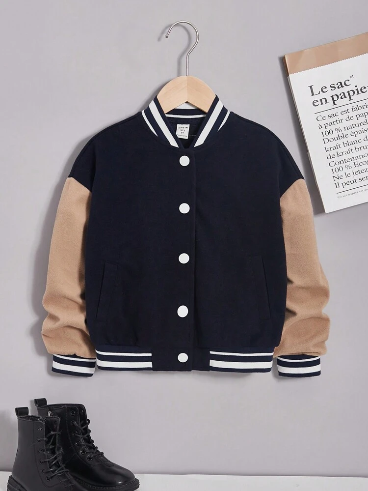 Girls' Dark Blue Color Blocking Khaki Coat With Slogan Embroidery, Patch And Decorative Weaving For Winter, For Tween Girls