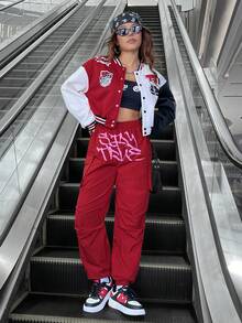 SHEIN Coolane 女士塗鴉印花前片貨物褲 - 紅色 - 查看 4