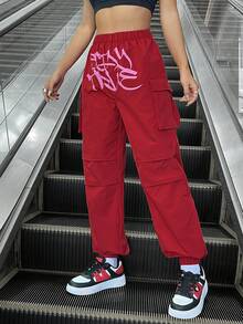 SHEIN Coolane 女士塗鴉印花前片貨物褲 - 紅色 - 查看 5