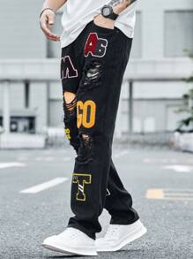 Manfinity Roghcode Jeans Con Letras Estampadas Desgastadas Para Hombre - Negro - Ver 7